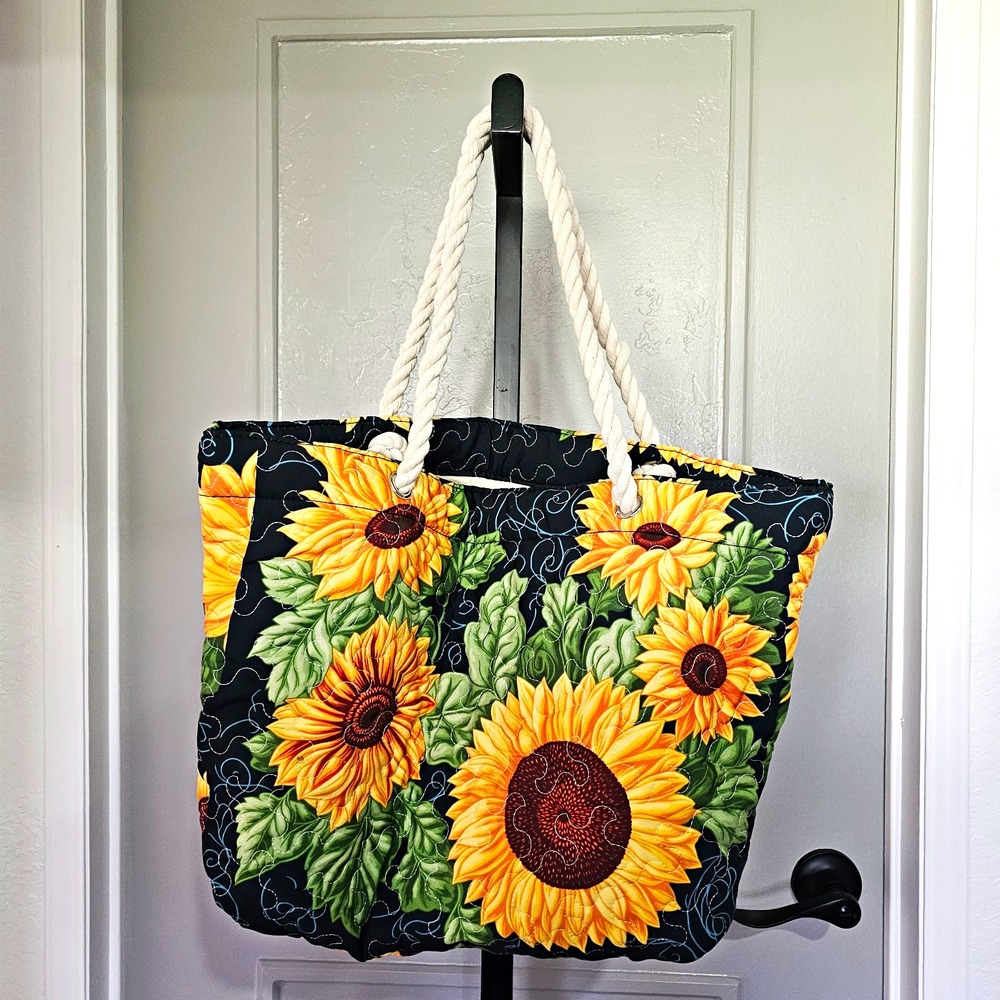 Handmade Quilted Sunflower Tote Bag Beach Travel Shopping Large Rope Handle